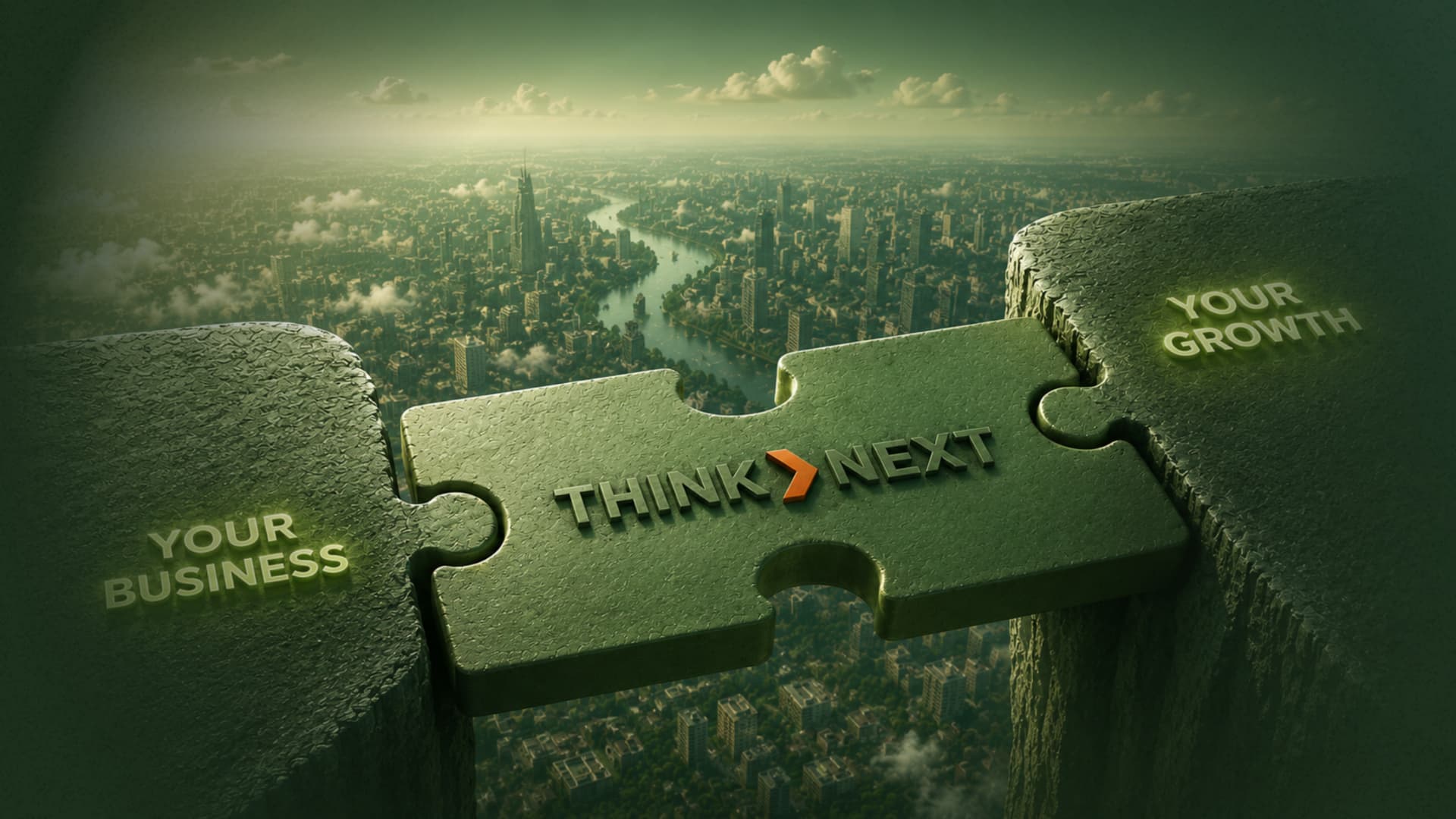ThinkNext puzzle piece bridging your business and your growth over the Bangkok skyline